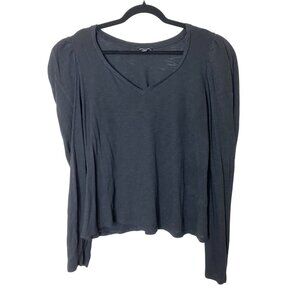 Express Womens Size XL Long Puff Shoulder V-Neck Top Black Cotton Modal Sheer